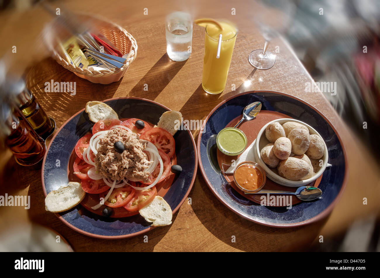 Marina Rubicon, typical food, Papas Arrugadas, red and green Mojo, Lanzarote, Canary Islands, Spain Stock Photo