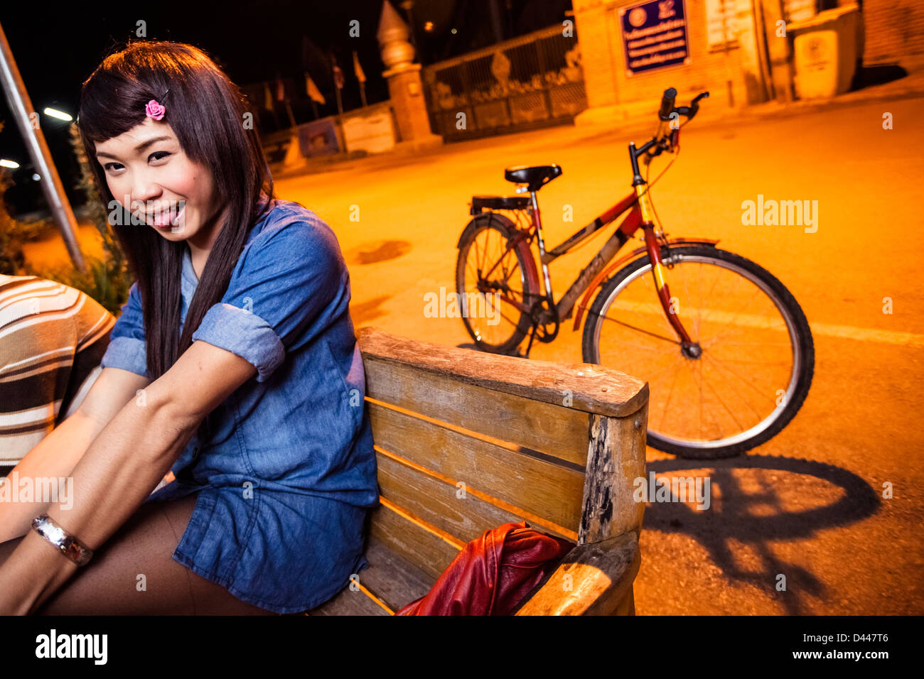 A young ladyboy at night in Phrae, Thailand. Stock Photo