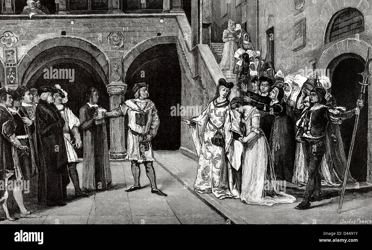 Blanche II of Navarre (1424-1464), Queen of Navarre, is delivered to the Captal of Buch who orders imprison her into a castle. Stock Photo