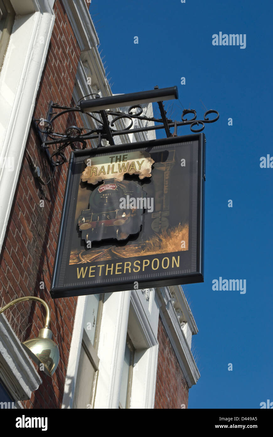 pub sign for the railway, part of the wetherspoon pub chain, in putney, southwest london, england Stock Photo