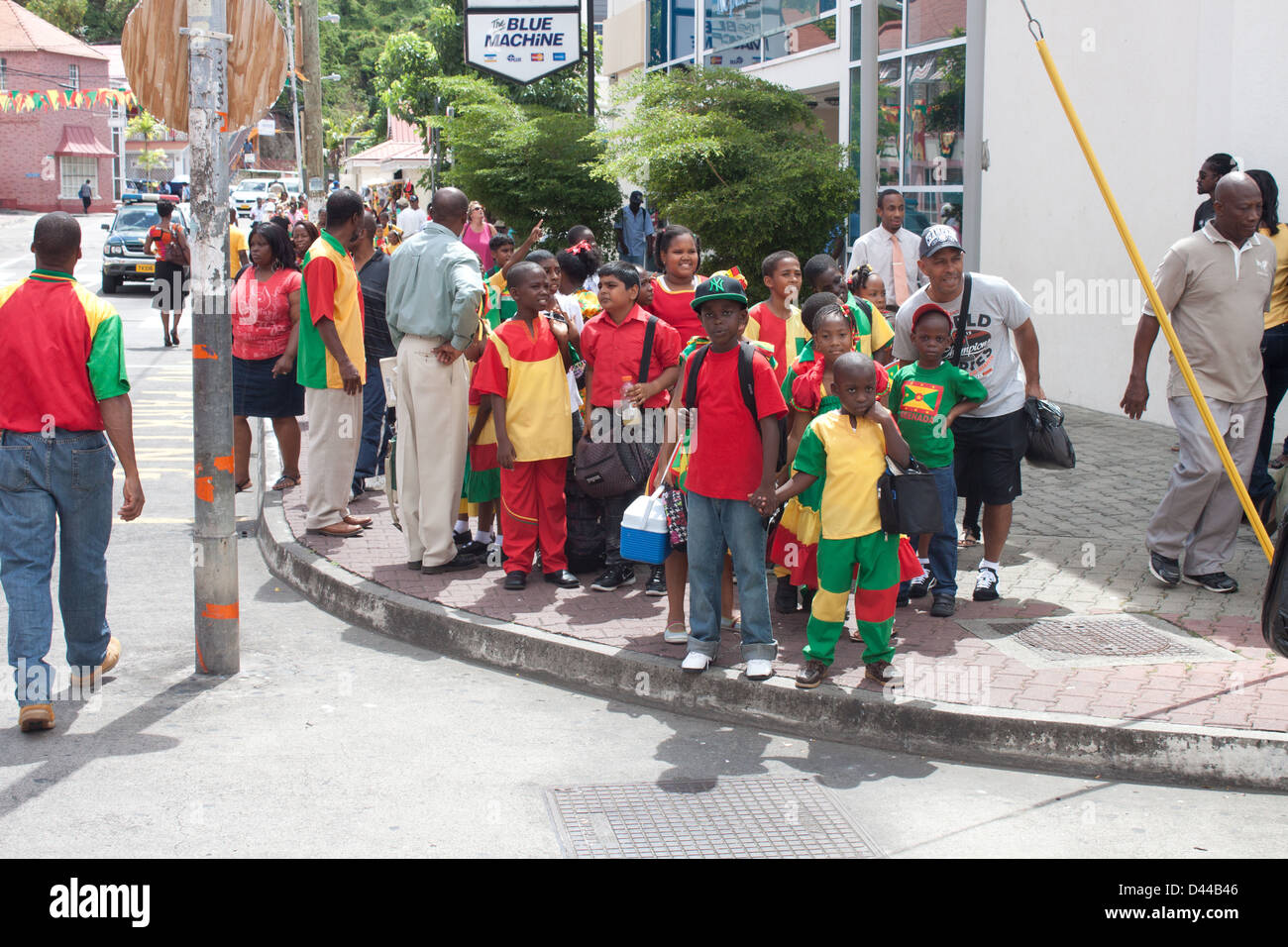 Granada School Children in national colors in a Granada Indepedence Day Celebration Stock Photo