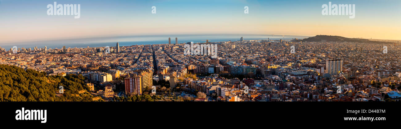 Panoramic view at sunset over Barcelona, Catalonia, Spain Stock Photo