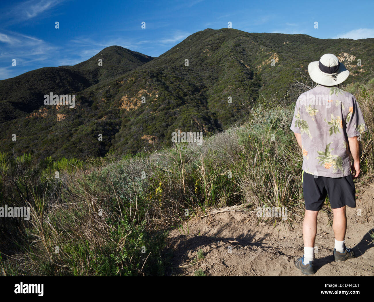 Hiker looks at Zuma Canyon in the Santa Monica Mountains in Southern California Stock Photo