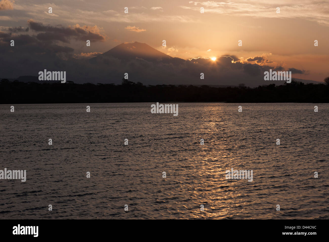 View of the Raung Volcano on Eastern Java at sunset from Western Bali. Stock Photo