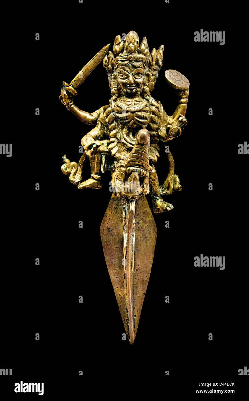 The Tibetan Buddhist ritual dagger is called the phurba or phurpa in Tibetan Buddhism,19 Cent Tibet Tibetan Stock Photo