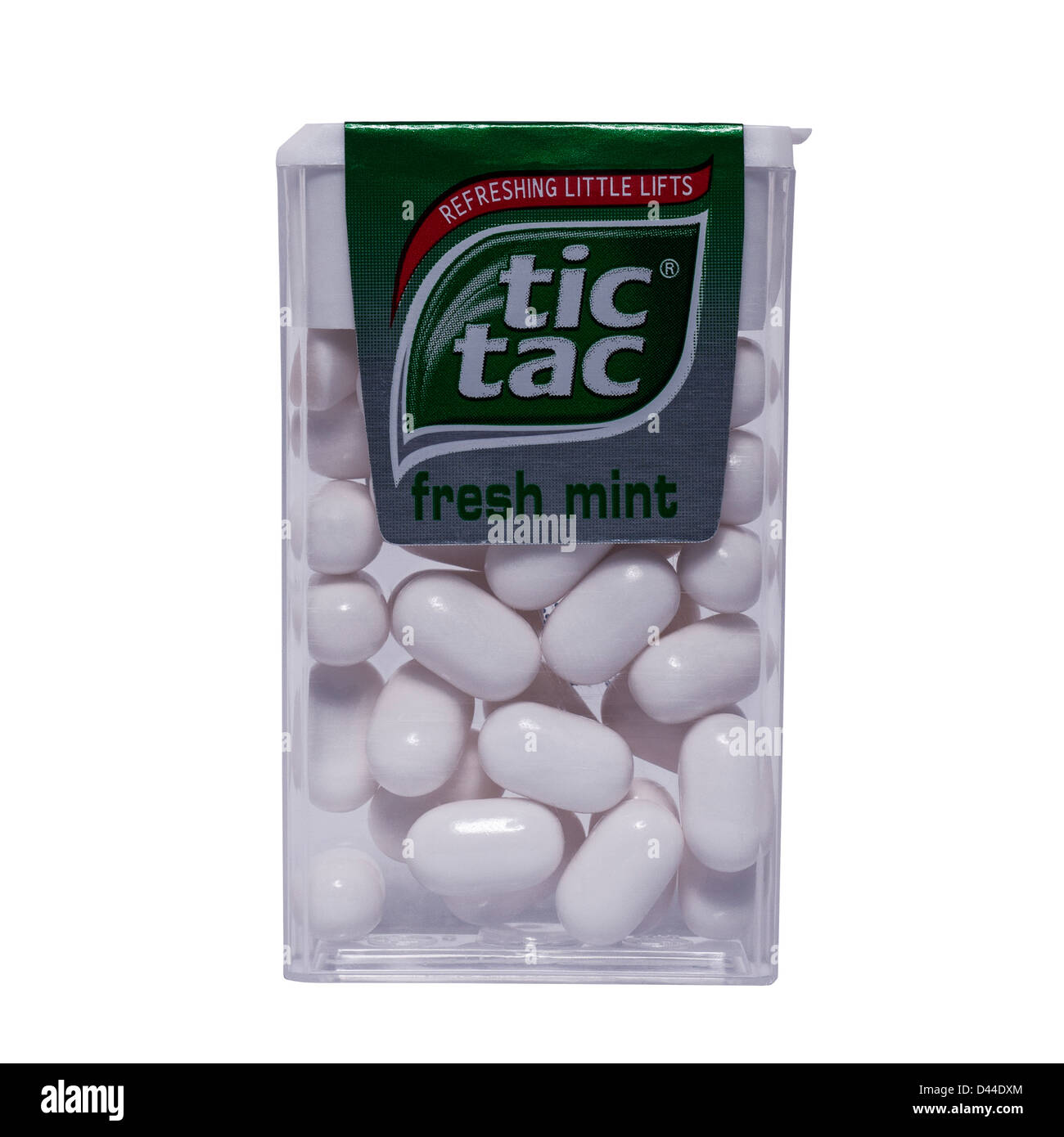 A box of fresh mint tic tacs on a white background Stock Photo