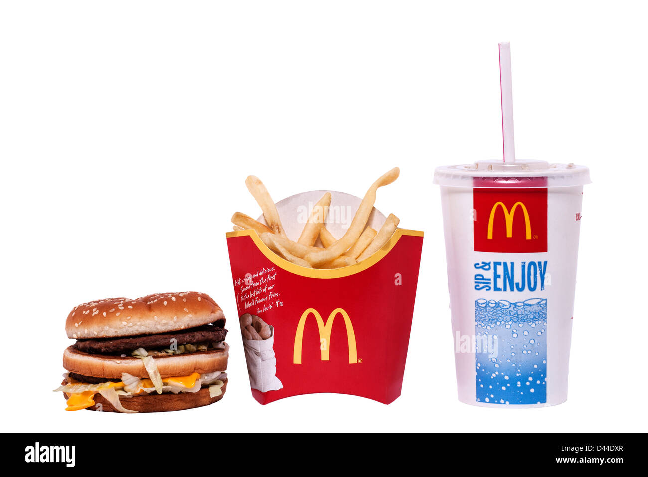 A Mcdonalds Big Mac meal with burger , fries and drink on a white background Stock Photo