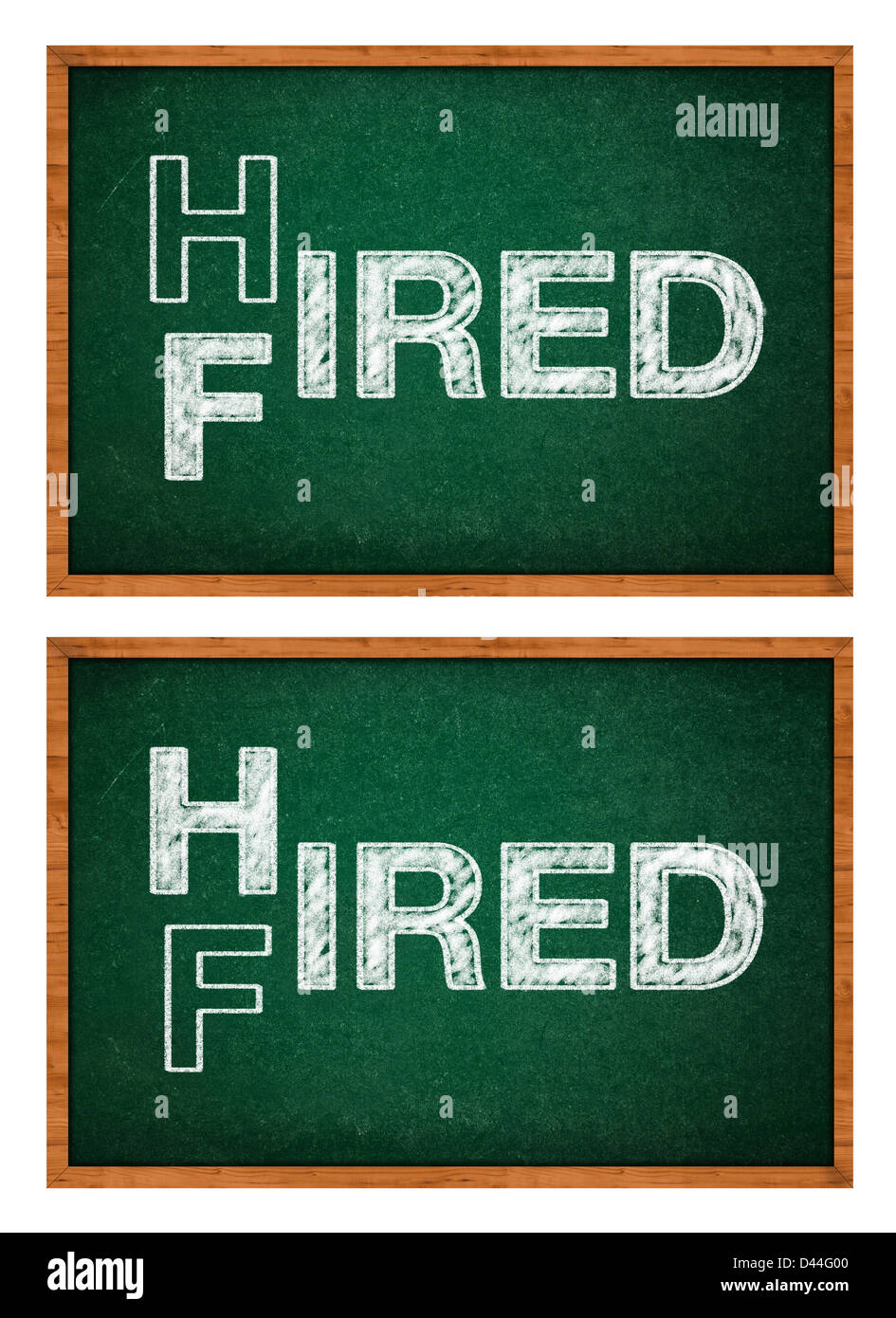 Hired or fired concept, two words handwritten on a chalkboard. Stock Photo