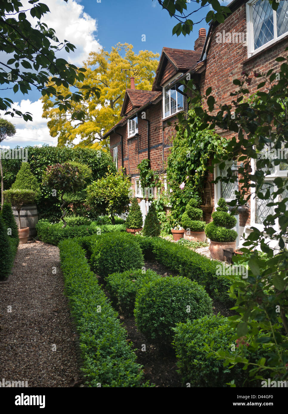 Typical English cottage garden with box hedging in a small parterre ...