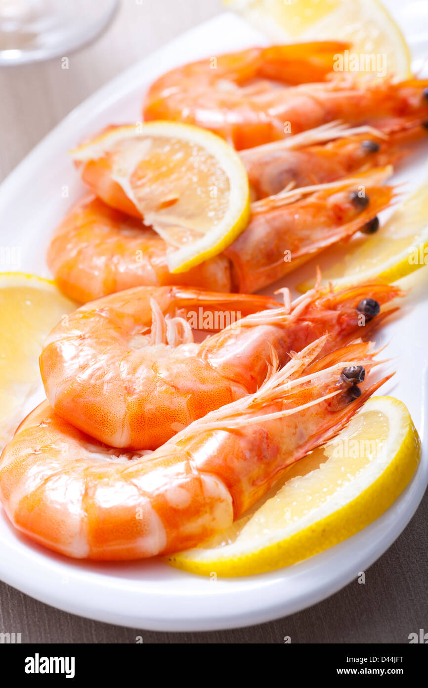 Cooked shrimps with sliced lemon Stock Photo