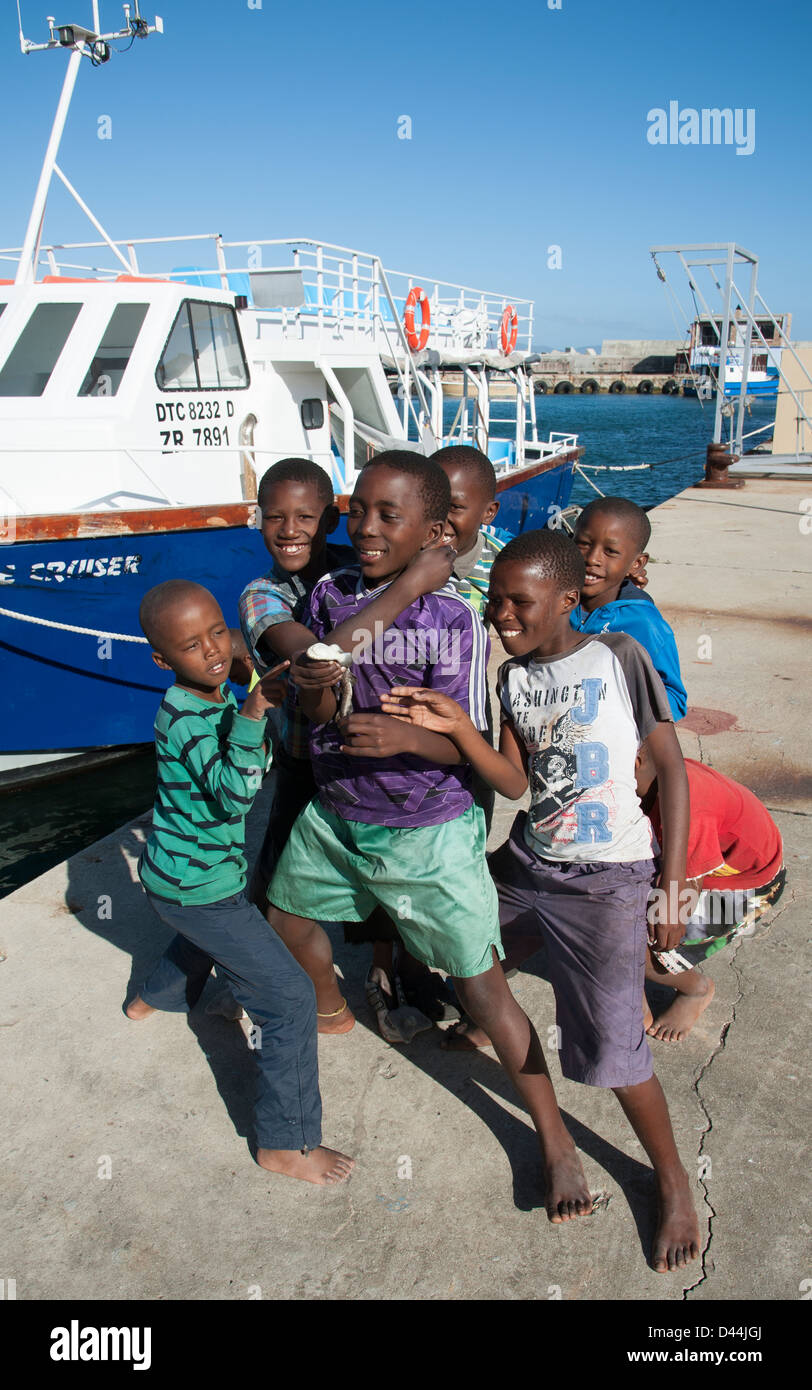 Group of young black African boys. One is holding a small shark caught at Hermanus new Harbour Western Cape South Africa Stock Photo