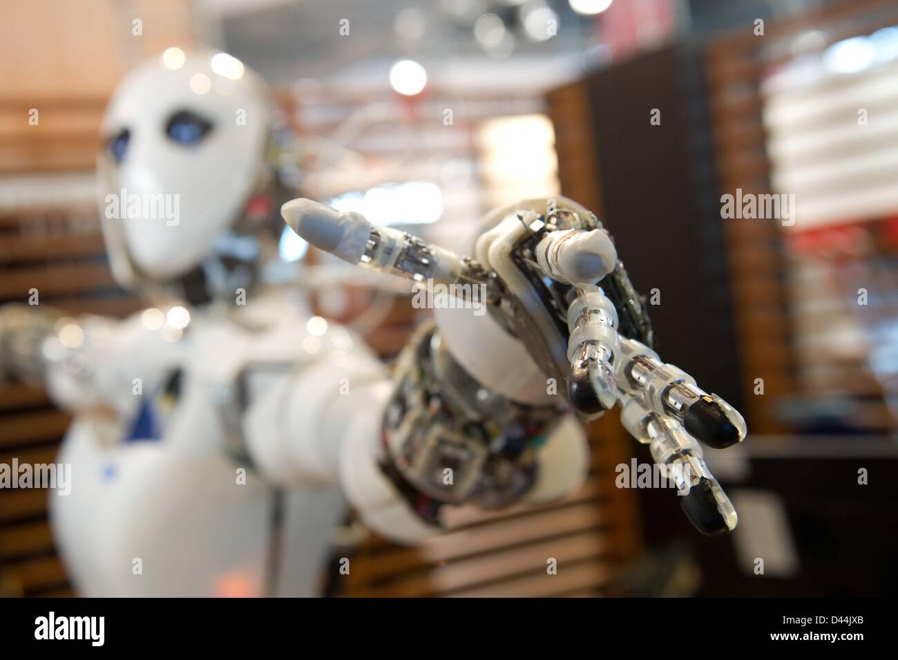 Robot AILA stands with outstretched fingers at CeBIT, the world's largest computer expo, in Hanover, Germany, 04 March 2013. Photo: SEBASTIAN KAHNERT Stock Photo