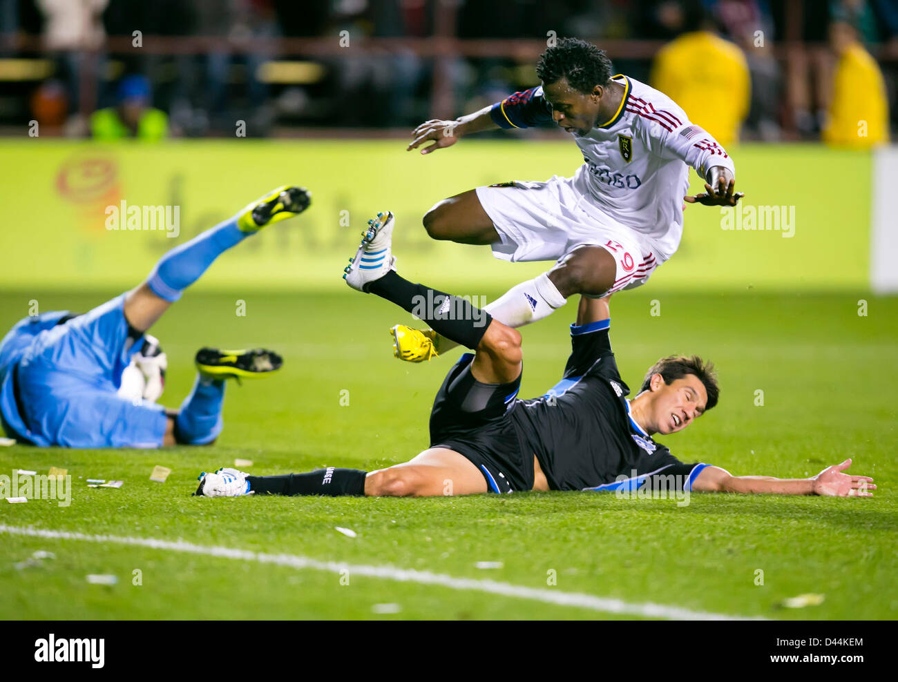 March 3, 2013: San Jose Earthquakes midfielder Shea Salinas (6) has his shot blocked while Real Salt Lake defender Kenny Mansally (29) leaps over him during the MLS game between the Real Salt Lake and the San Jose Earthquakes at Buck Shaw Stadium in Santa Clara CA. Real Salt Lake defeated San Jose 2-0. Stock Photo