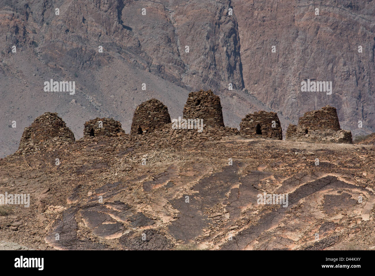 The ancient Beehive tombs at Jabal Misht  Western Hajar (South) Oman. Stock Photo