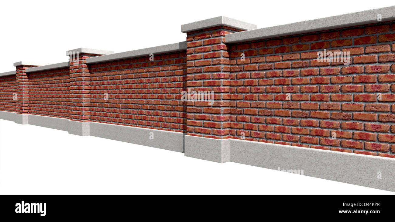 An perspective view of a regular domestic facebrick wall with plaster cappings on an isolated background Stock Photo