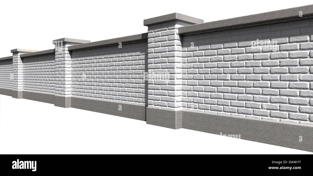 An perspective view of a regular domestic white brick wall with plaster cappings on an isolated background Stock Photo