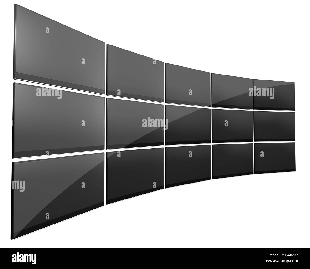 A wall of fifteen black flat screen television laid out in a curved shape on an isolated