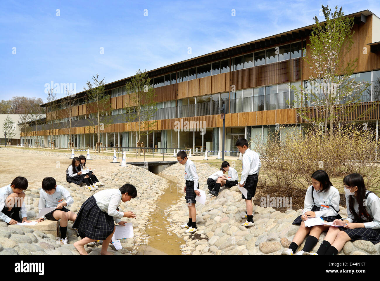 Teikyo University Elementary School, Tokyo, Japan. Architect: Kengo Kuma, 2012. Overall exterior view during biology field work. Stock Photo