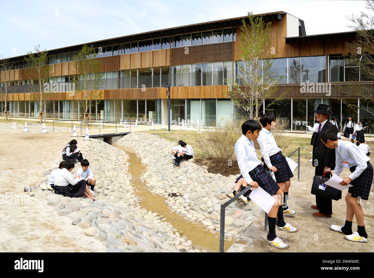 Teikyo University Elementary School, Tokyo, Japan. Architect: Kengo Kuma, 2012. Overall exterior view during biology field work. Stock Photo