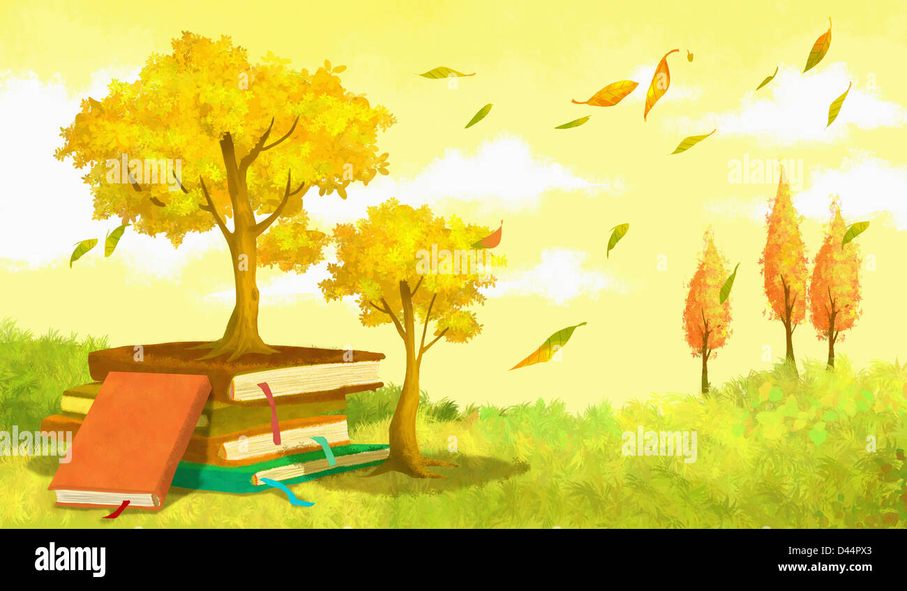 illustration of autumn trees and books Stock Photo Alamy