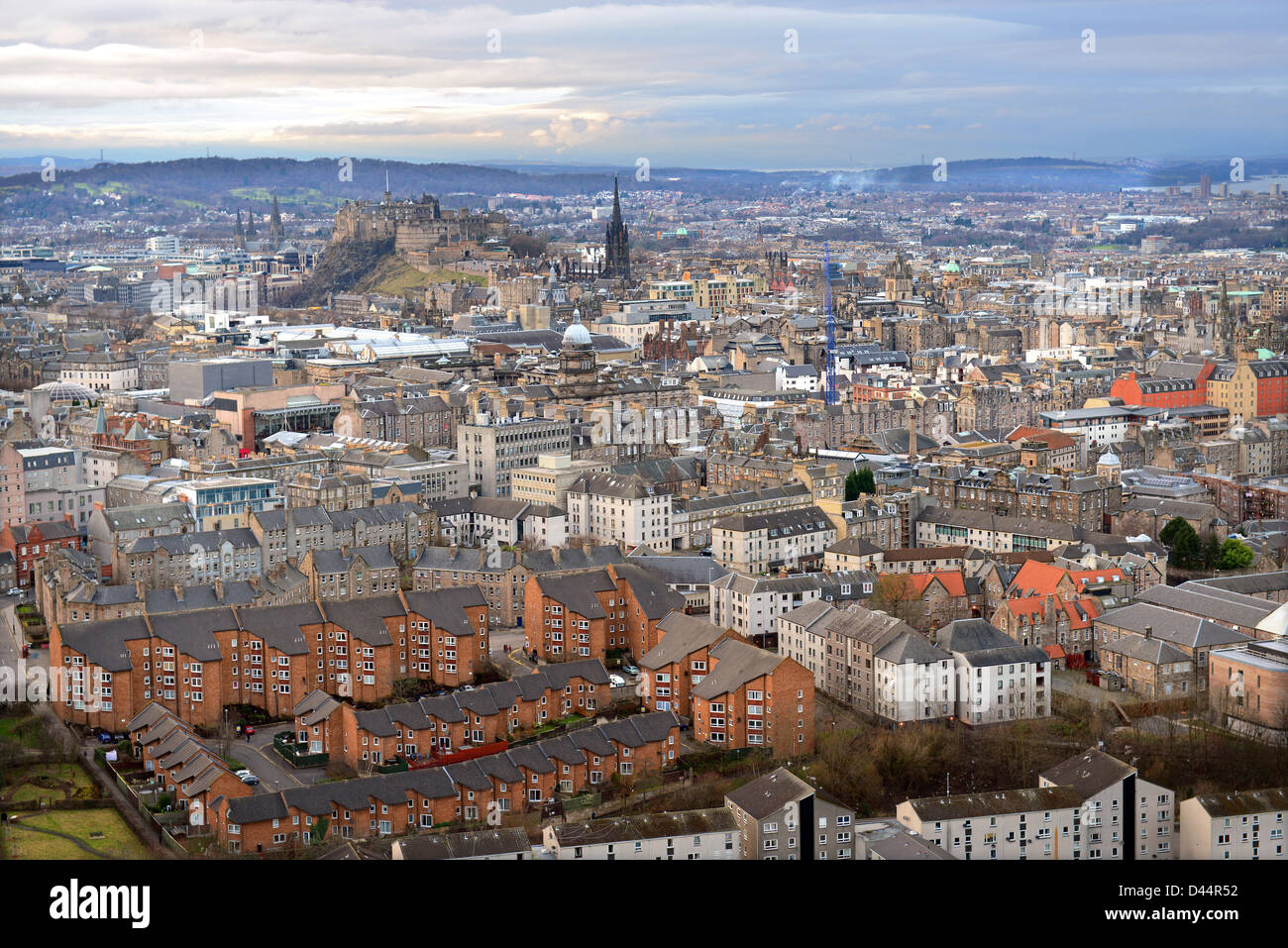 A view over the City of Edinburgh in Scotland from The Craggs Stock Photo