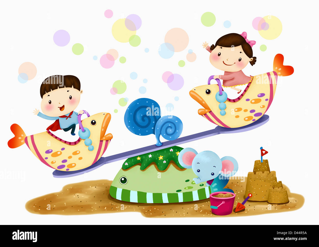 illustration of two kids on seesaw Stock Photo - Alamy