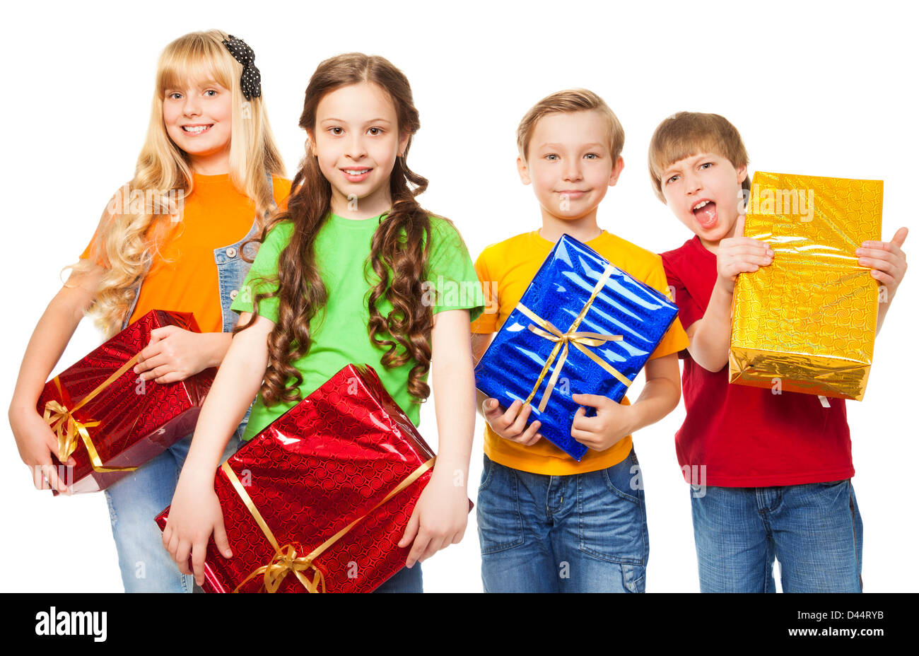 funny 8 years old kids holding presents isolated on white Stock Photo