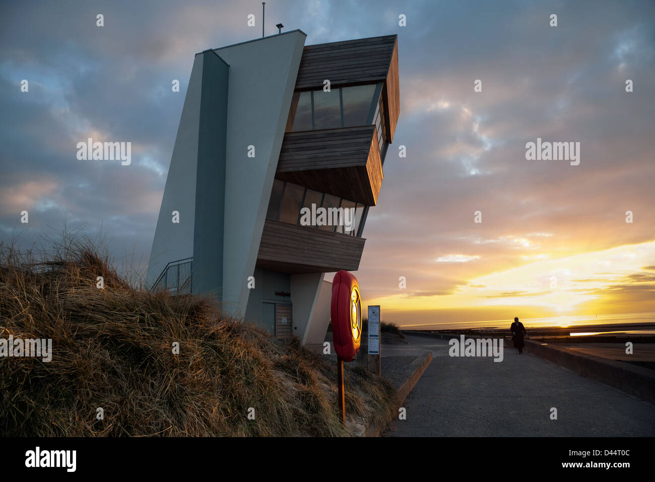 Sunset at Rossall Point Observatory. Spectacular leaning tower, weird buildings part of the Fleetwood Sea Change, Fleetwood in Lancashire, UK Stock Photo