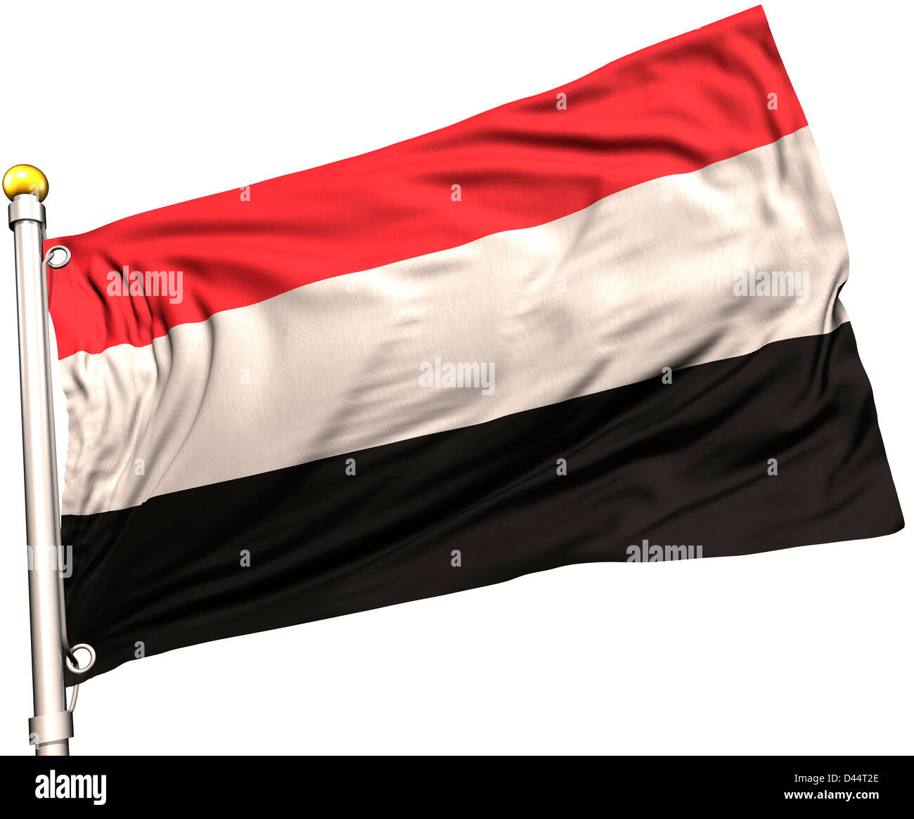 Yemen flag on a flag pole. Clipping path included. Silk texture visible on the flag at 100%. Stock Photo