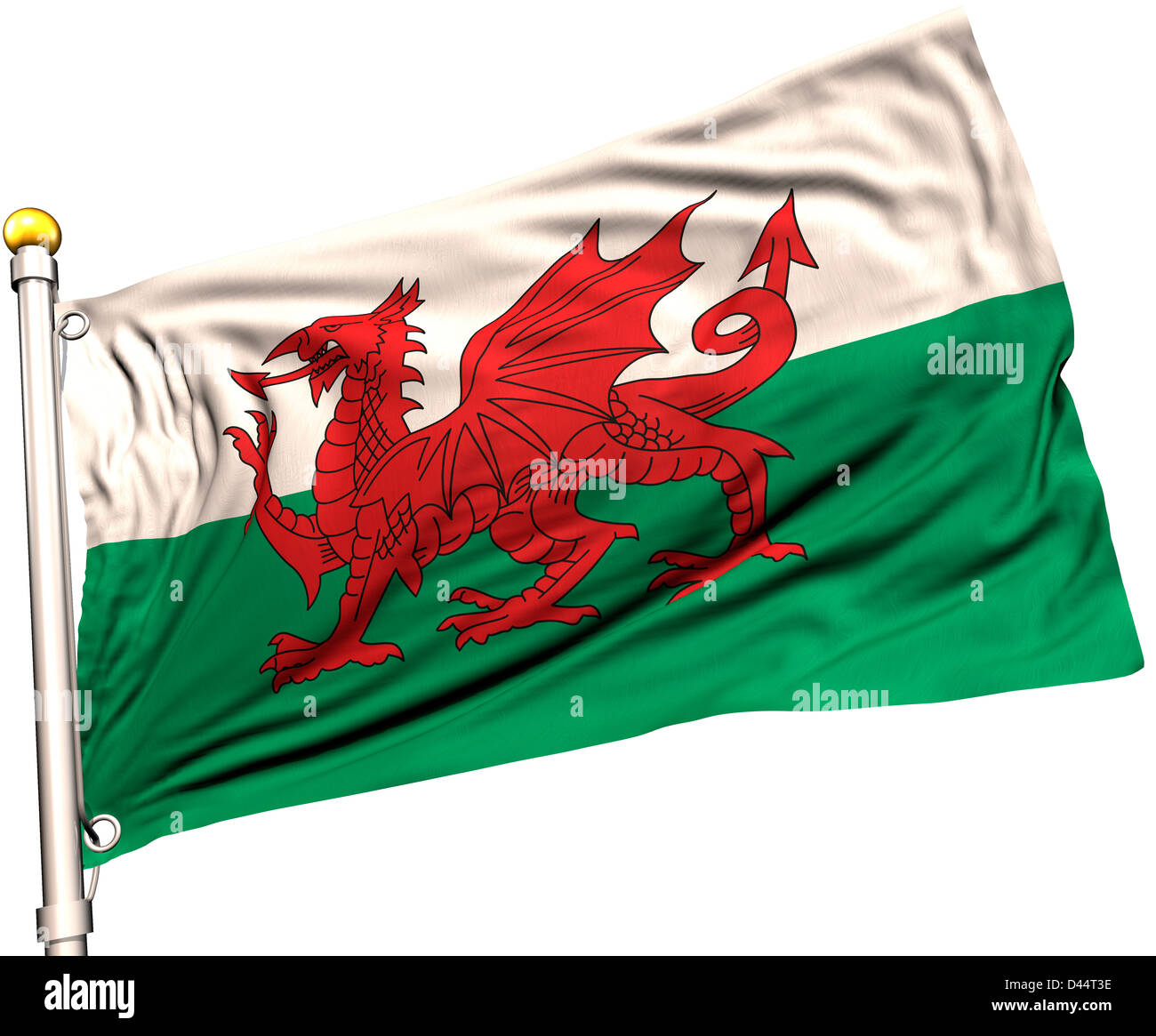 Wales flag on a flag pole. Clipping path included. Silk texture visible on the flag at 100%. Stock Photo