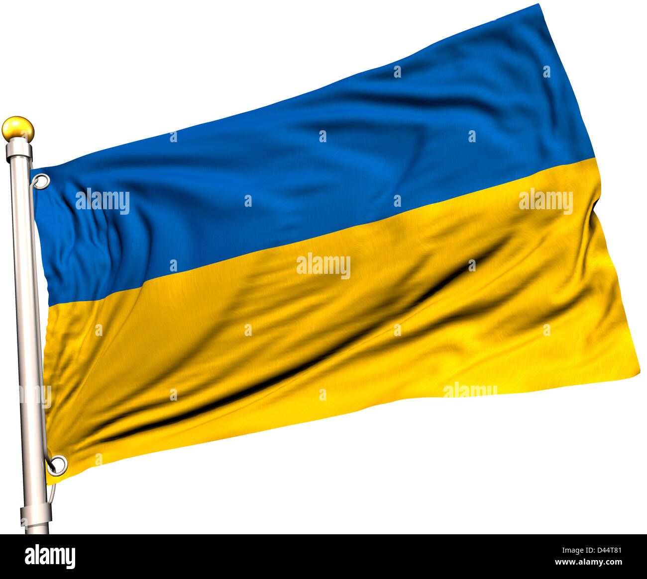 Ukraine flag on a flag pole. Clipping path included. Silk texture visible on the flag at 100%. Stock Photo