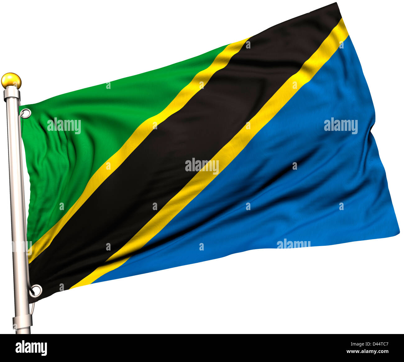 Tanzania flag on a flag pole. Clipping path included. Silk texture visible on the flag at 100%. Stock Photo