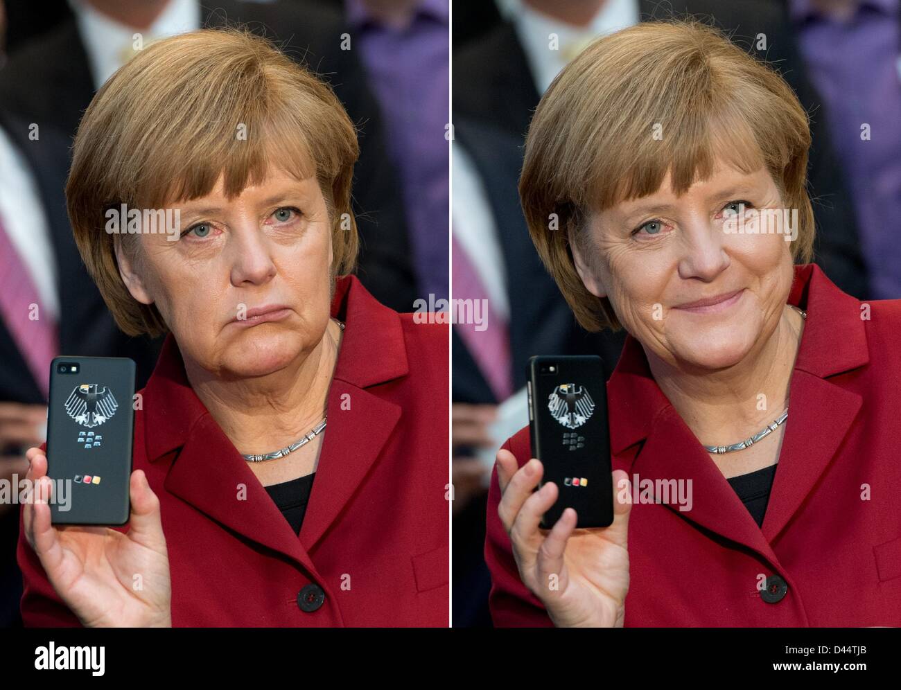 A composite-image shows German Chancellor Angela Merkel presenting a  tap-proof mobile phone of Blackberry at a booth of Secusmart during the  opening round tour of the world's largest computer expo CeBIT in