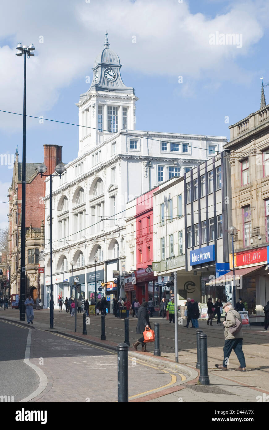 Sheffield High Steet and the white clock tower of the former Sheffield Telegraph and Star Building, UK Stock Photo