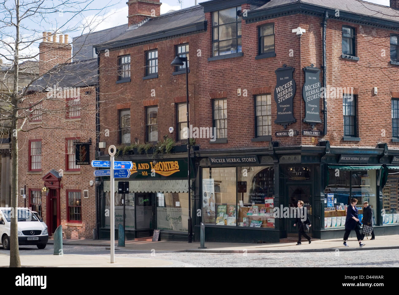 The Wicker Herbal Store and red brick shops on Norfolk Street
