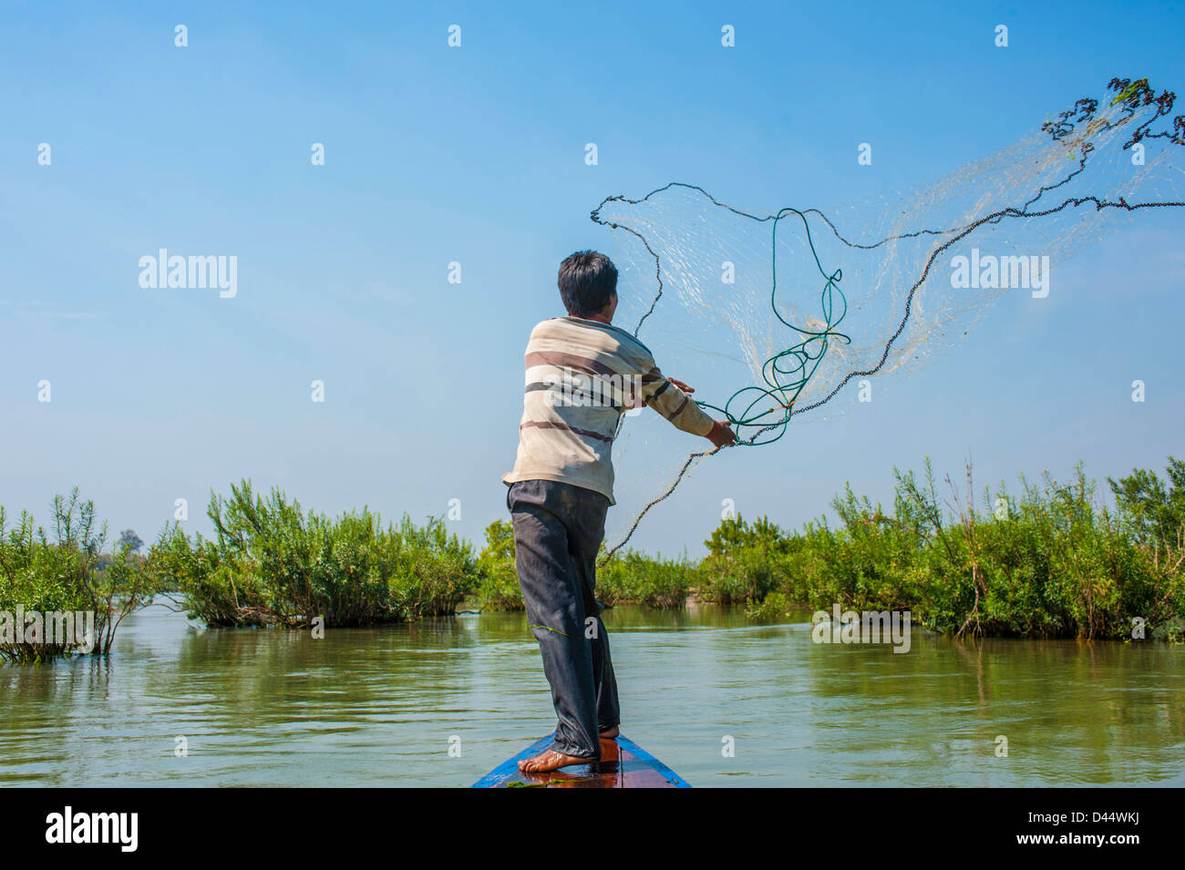Man Throwing Fishing Net Into Water Stock Photos & Man Throwing Fishing