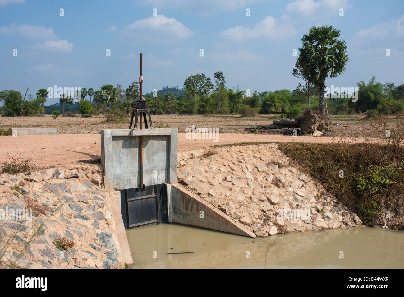 Irrigation dam and flood gate in Cambodia part of the Tonie Sap River system Stock Photo
