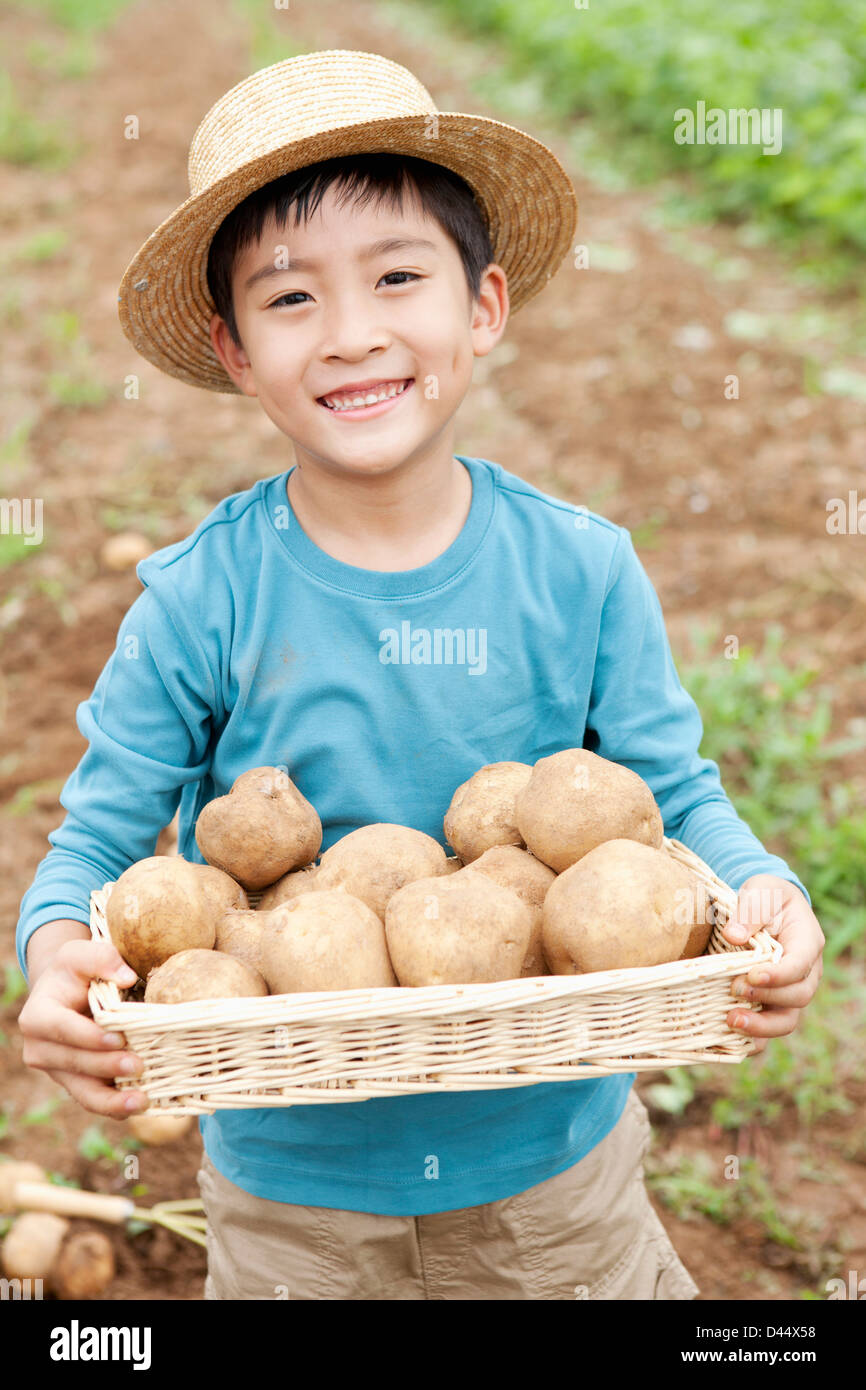 a kid with farmer's hat holding a basket of potatoes Stock Photo - Alamy