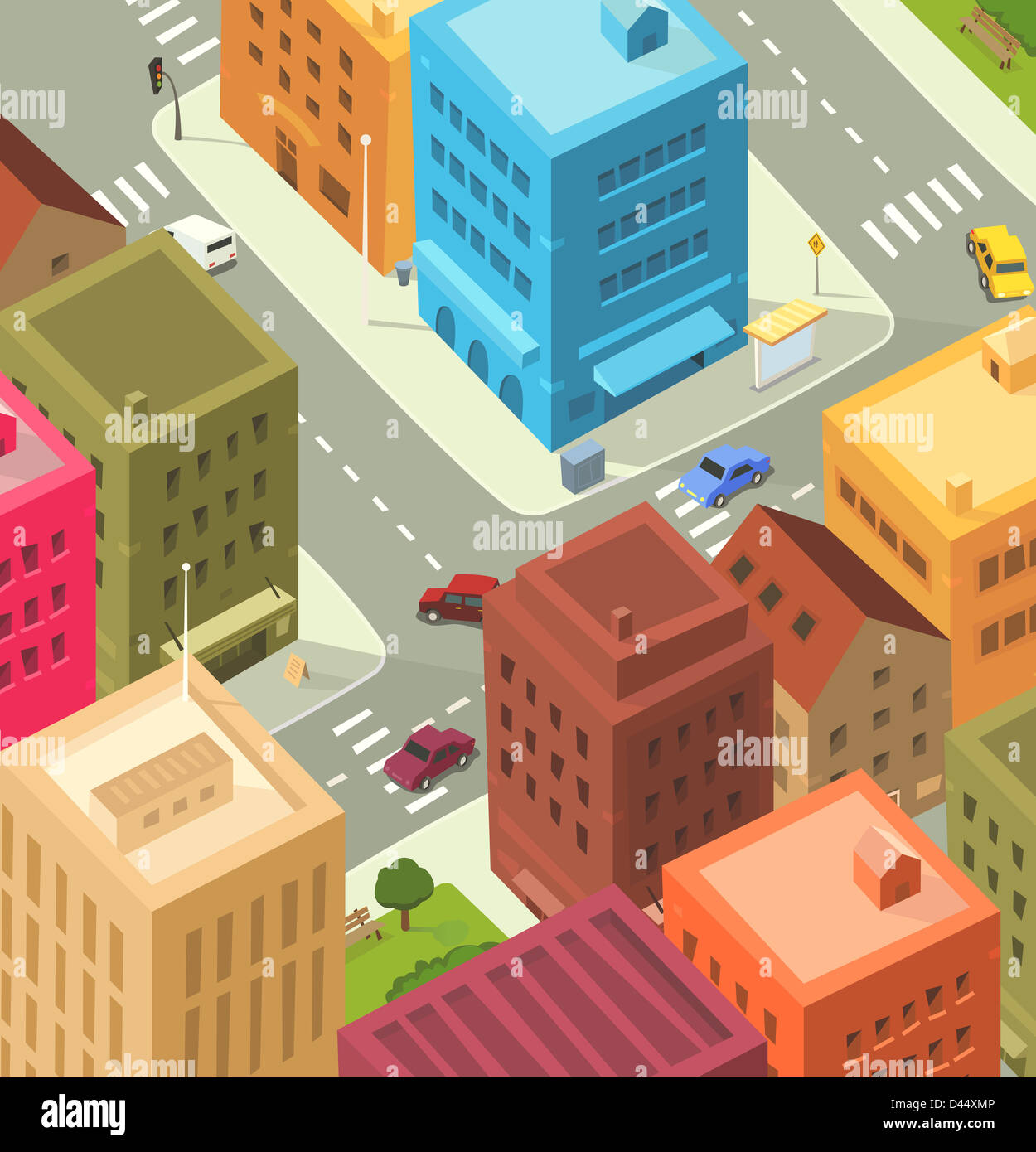 Illustration of a cartoon city scene, with aerial view of downtown traffic Stock Photo