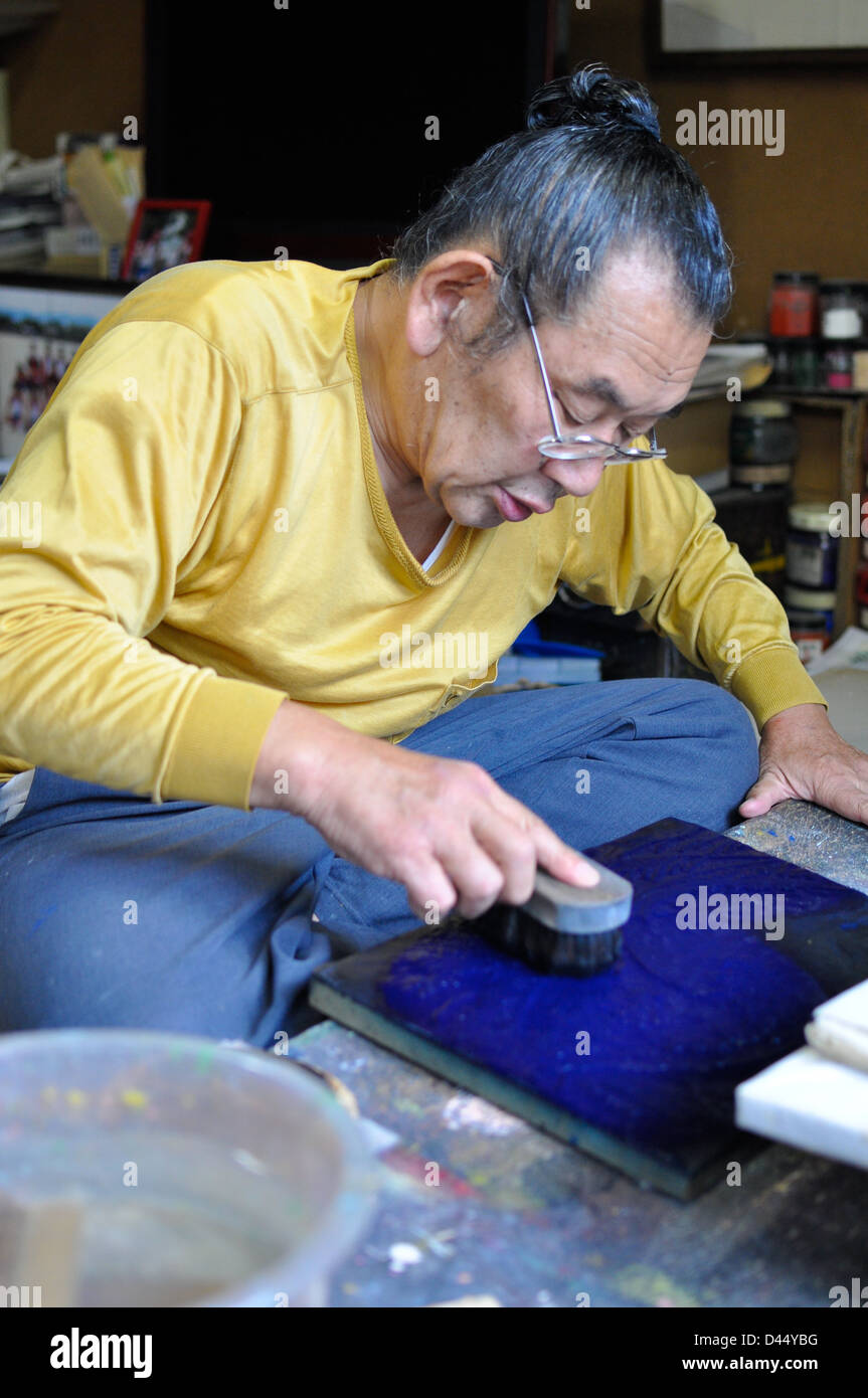 The Kyoto workshop of Japanese ukiyo-e artist and woodblock printer Mamoru Ichimura. Stock Photo