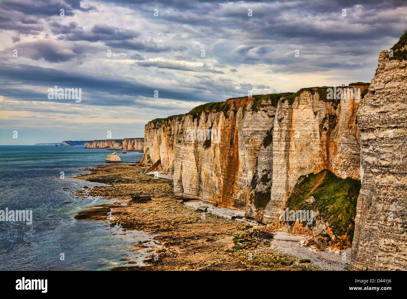 Specific cliffs in Etretat in the Upper-Normandy region in Northern France, during the low tide time. Stock Photo