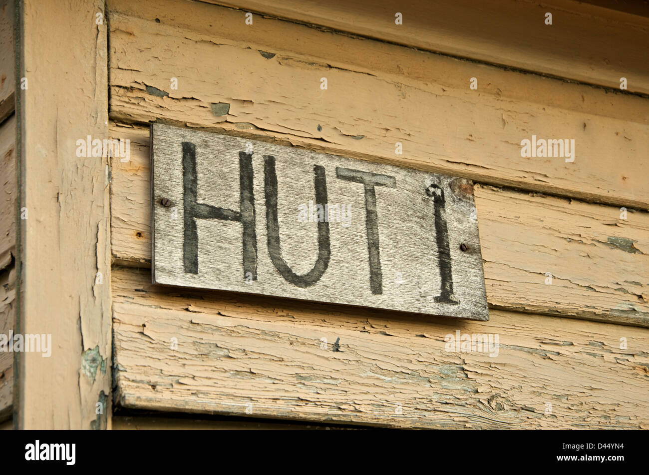 Hut 1 sign on wooden hut at Bletchley Park. This is one of the original wartime huts that still remain. Stock Photo