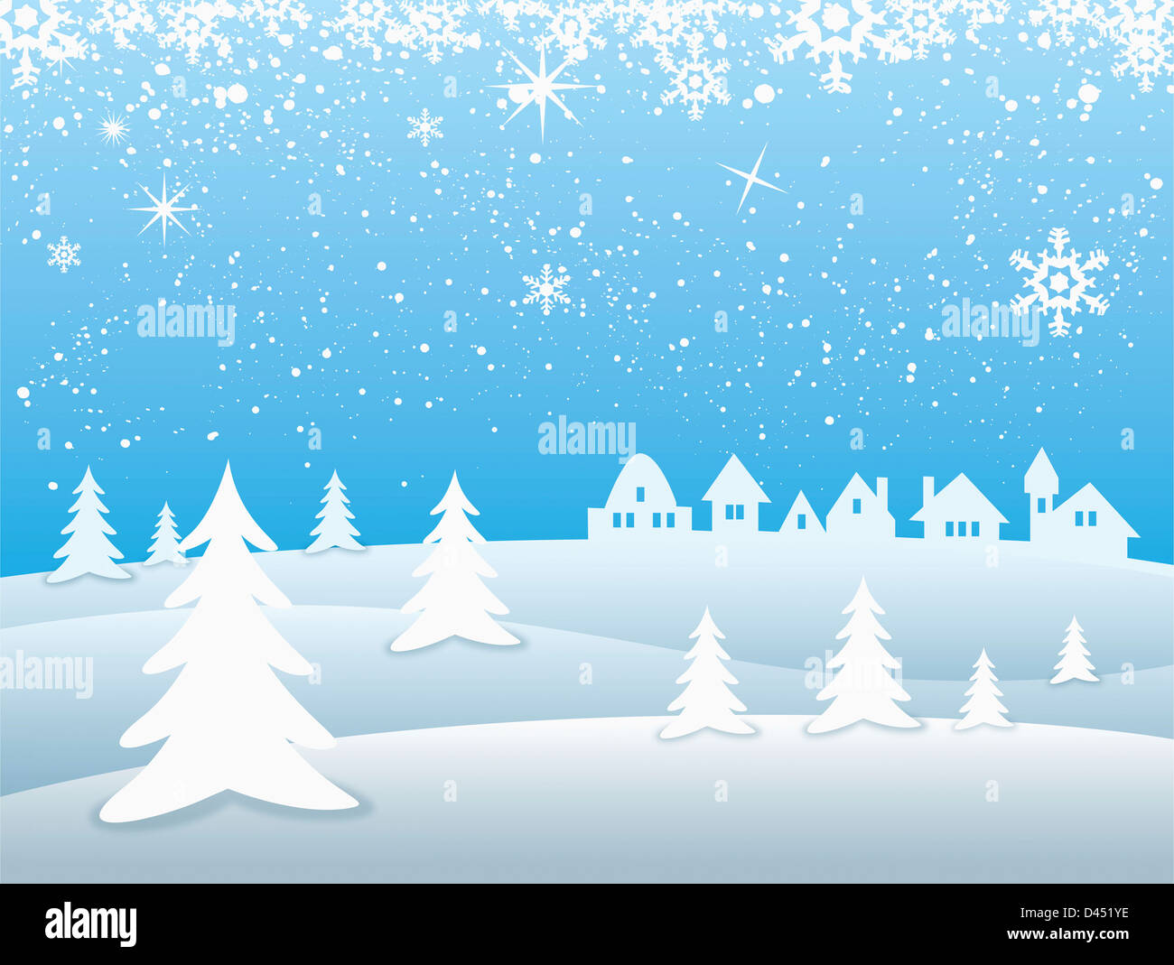 illustration of trees and houses on winter landscape Stock Photo - Alamy