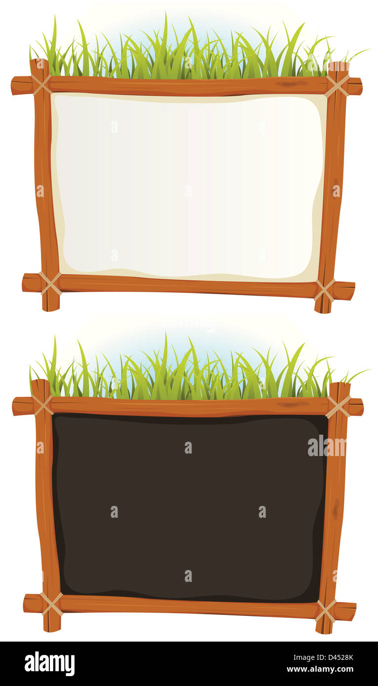 Illustration of a set of two cartoon wood frame with blank white and black sign for announcement and advertisement Stock Photo