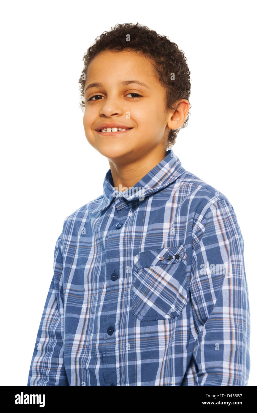 Portrait of happy black boy, head and shoulders isolated on white Stock Photo