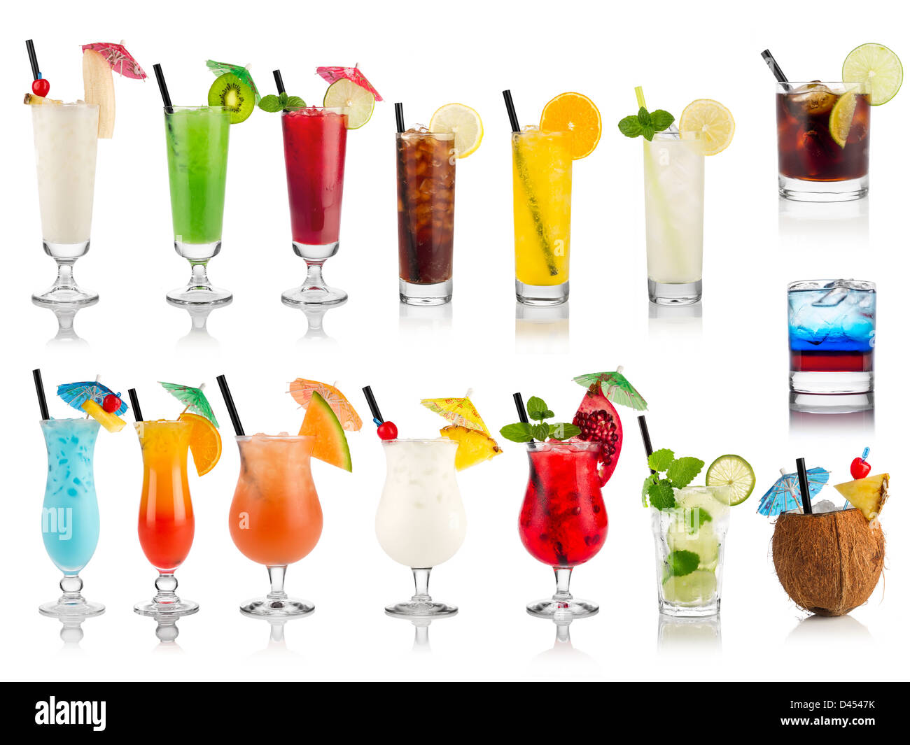 set of cocktails soft and long drinks ind front of white background