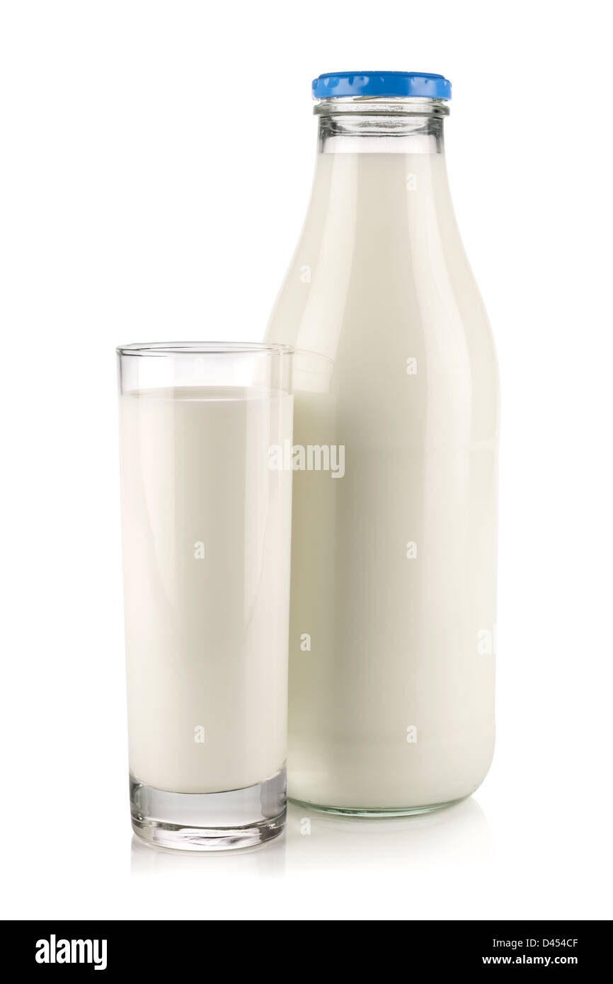 milk bottle with glass in front of white background Stock Photo