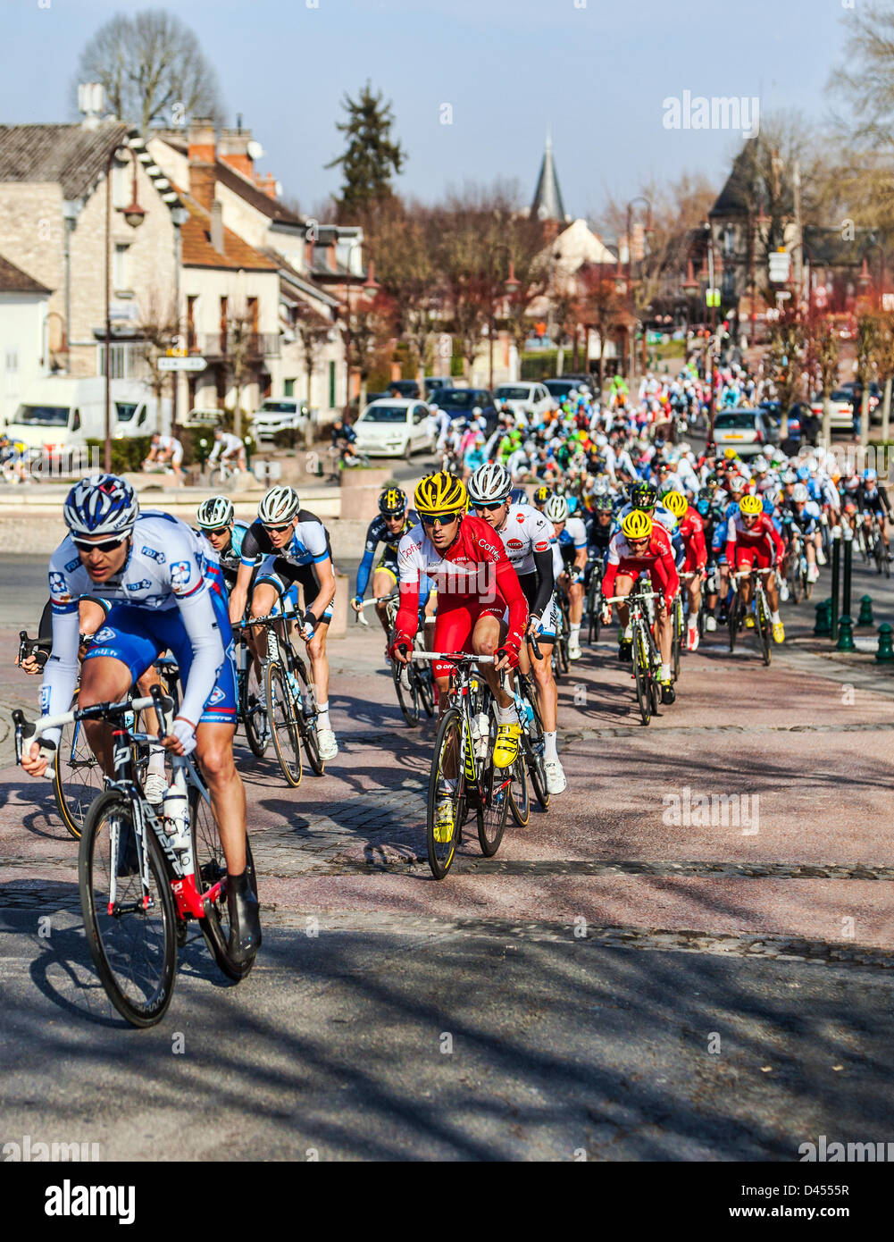 Saint-Pierre-lès-Nemours, France. 4th March 2013.  Image of the peloton riding fastly, during the first stage of the famous road bicycle race Paris-Nice, on March 4, 2013 in Saint-Pierre-lès-Nemours. Credit:  Radu Razvan / Alamy Live News Stock Photo