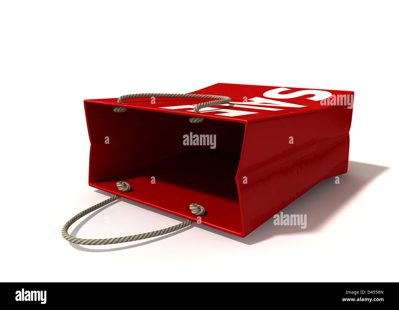A regular empty red paper shopping bag with rope handles and the word ...