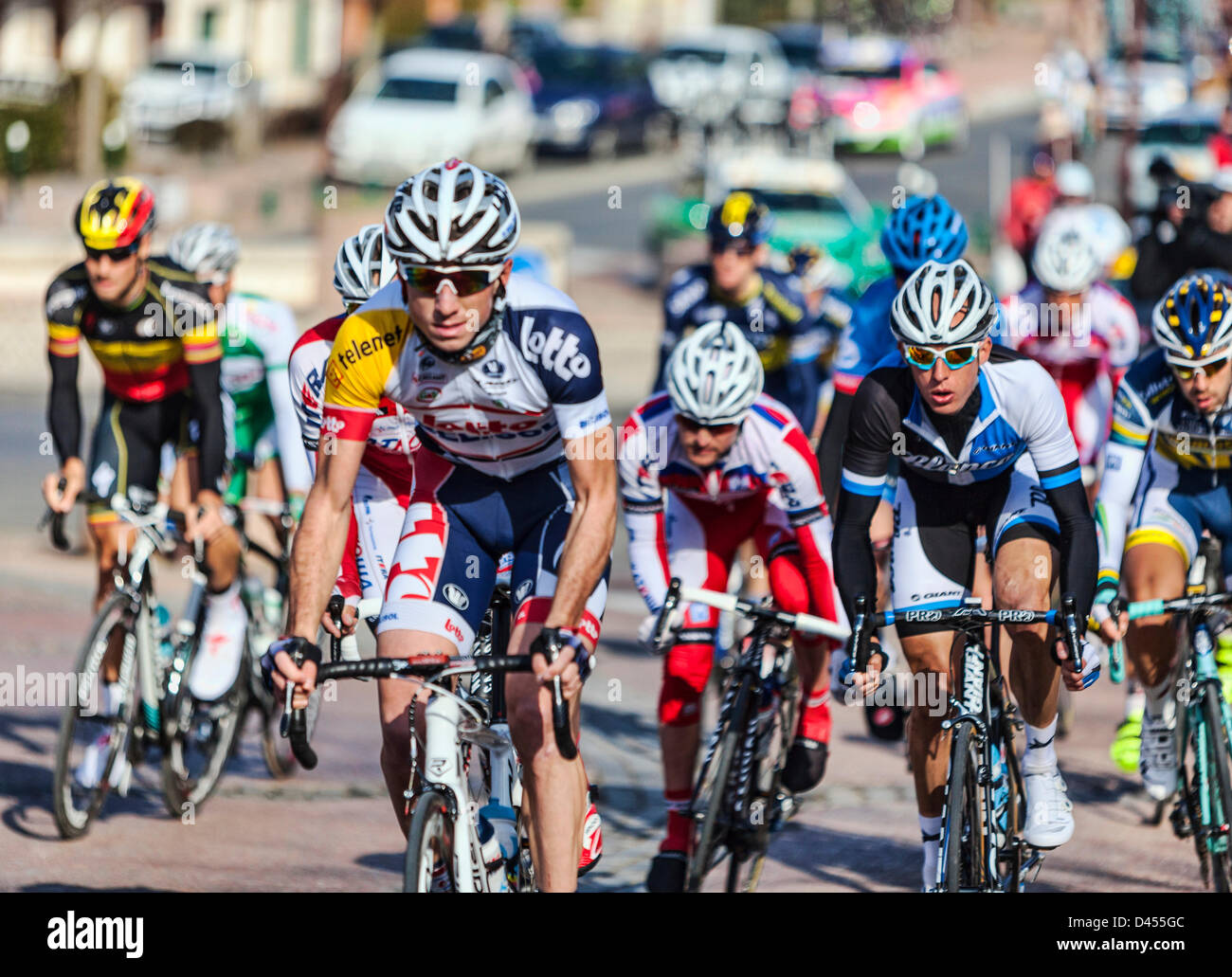 Saint-Pierre-lès-Nemours, France. 4th March 2013.  Image of the peloton riding  during the first stage of the famous road bicycle race Paris-Nice, on March 4, 2013 in Saint-Pierre-lès-Nemours. Credit:  Radu Razvan / Alamy Live News Stock Photo